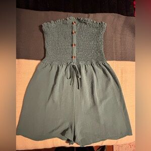 Smocked Strapless Summer Shorts Romper in Teal Green